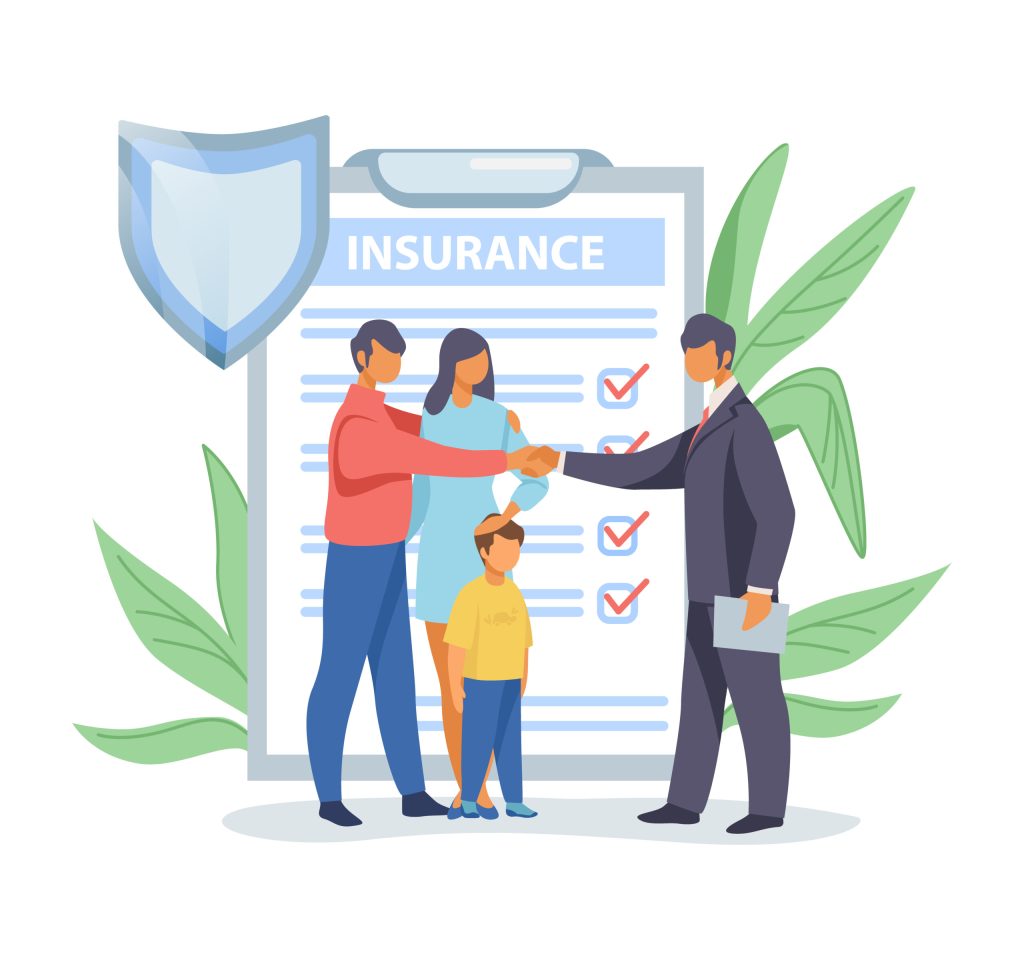 Father shaking hands with insurance agent. Family life insurance flat vector illustration. Insurance concept for banner, website design or landing web page