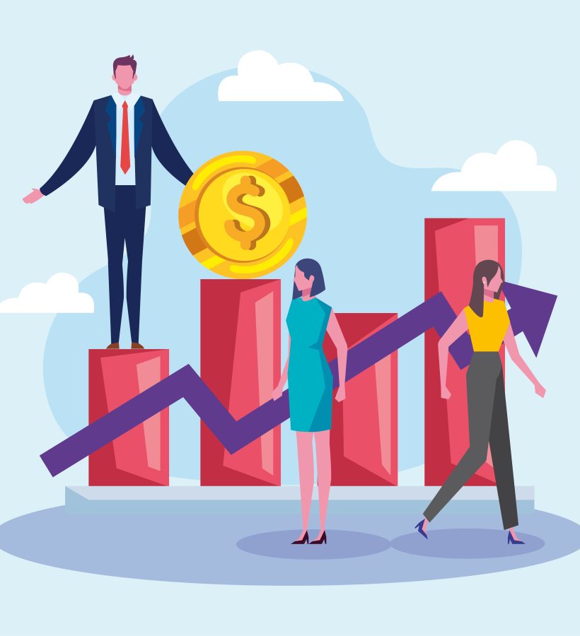 business persons in statistics bars characters