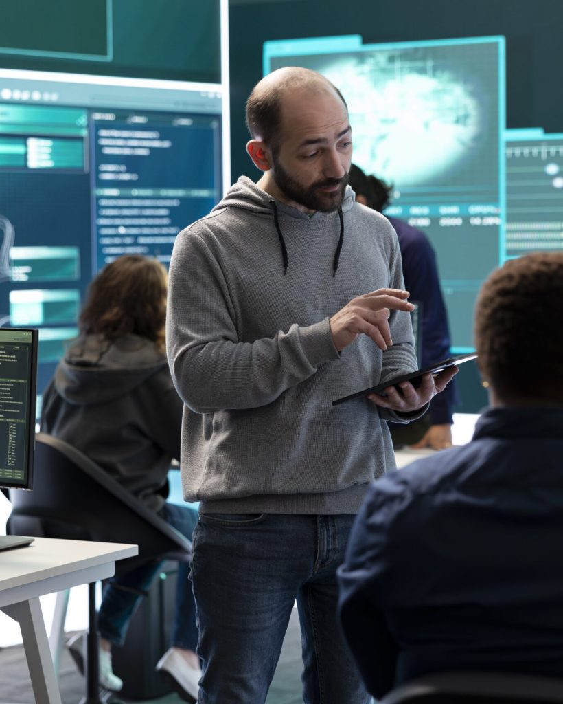 Cyber security team conducting cyber surveillance in a governmental control room. Experts group hacking activities, malware protection and data breach prevention in high tech agency.